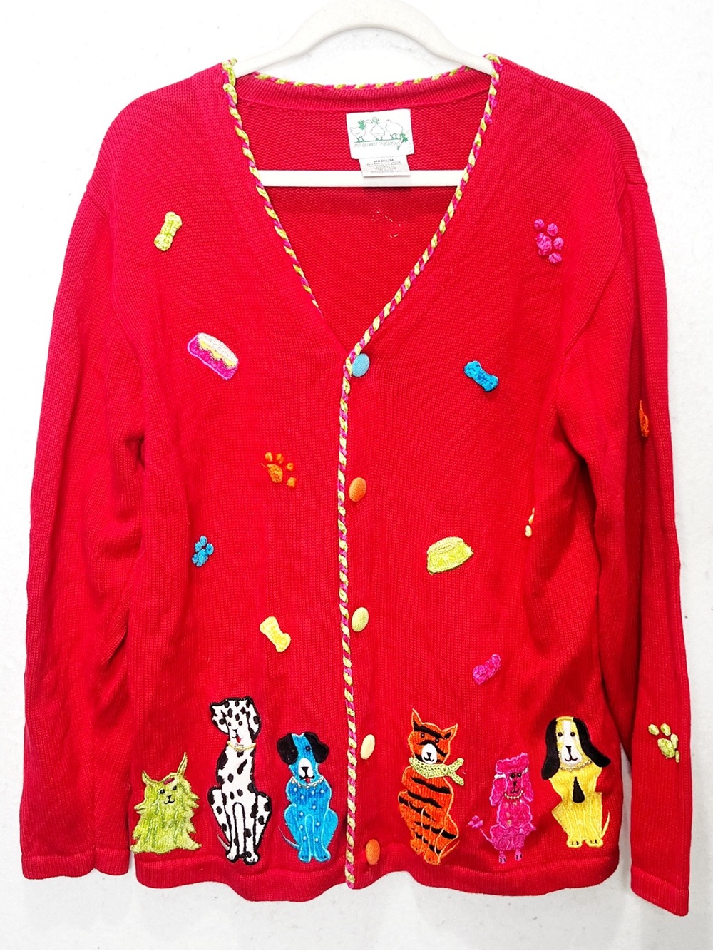 VTG Quaker Factory Red Knit Sweater Cardigan 3x Dogs Novelty Embroidered 90s